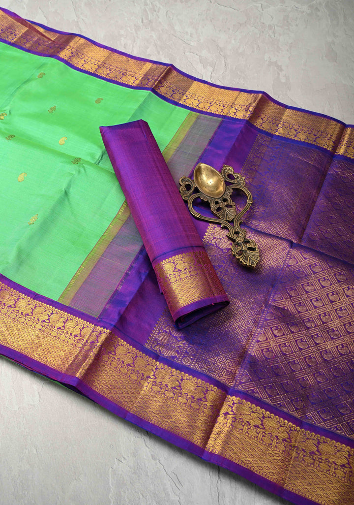 Korvai Sea Green Kanjivaram Pure Silk Saree with Zari Buttis and Contrast Zari Border | SILK MARK CERTIFIED