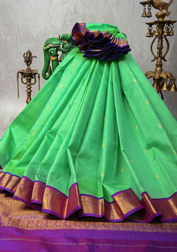 Korvai Sea Green Kanjivaram Pure Silk Saree with Zari Buttis and Contrast Zari Border | SILK MARK CERTIFIED
