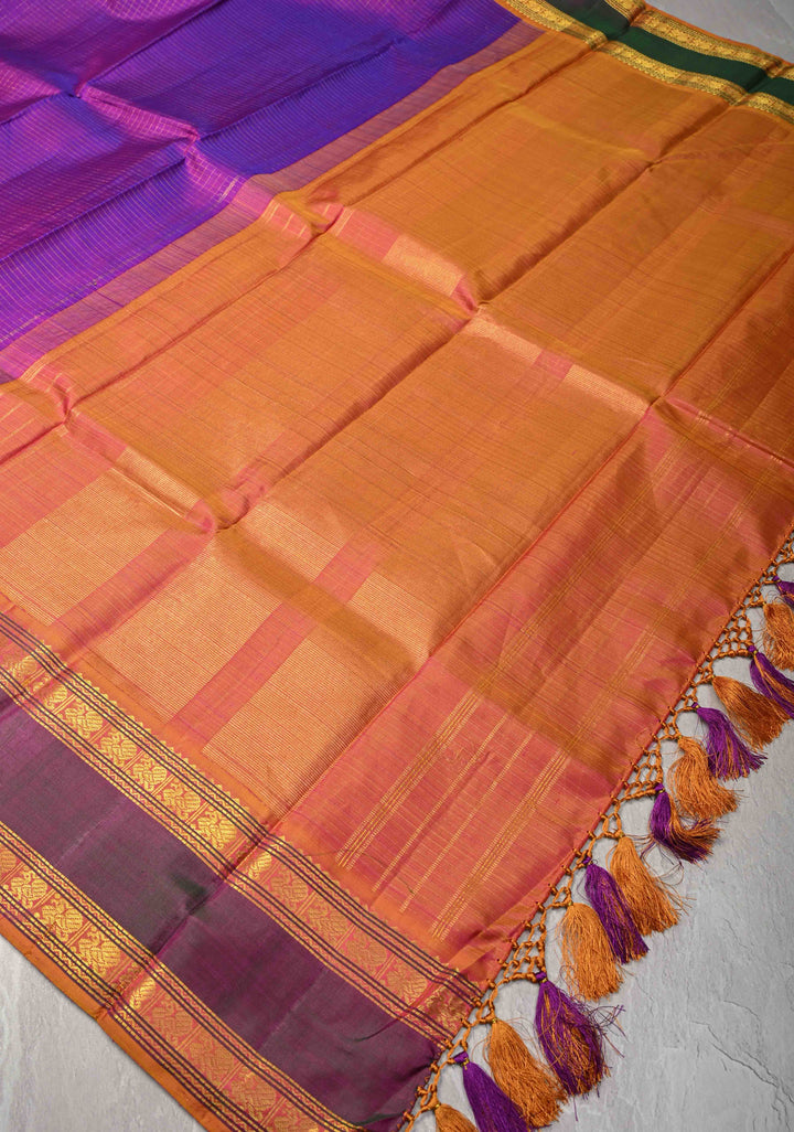 Zari Podi Kattam Purple Dual tone Kanjivaram Pure Silk Saree with  Zari Checks and Ganga Jamuna Rettaipet Border | SILK MARK CERTIFIED