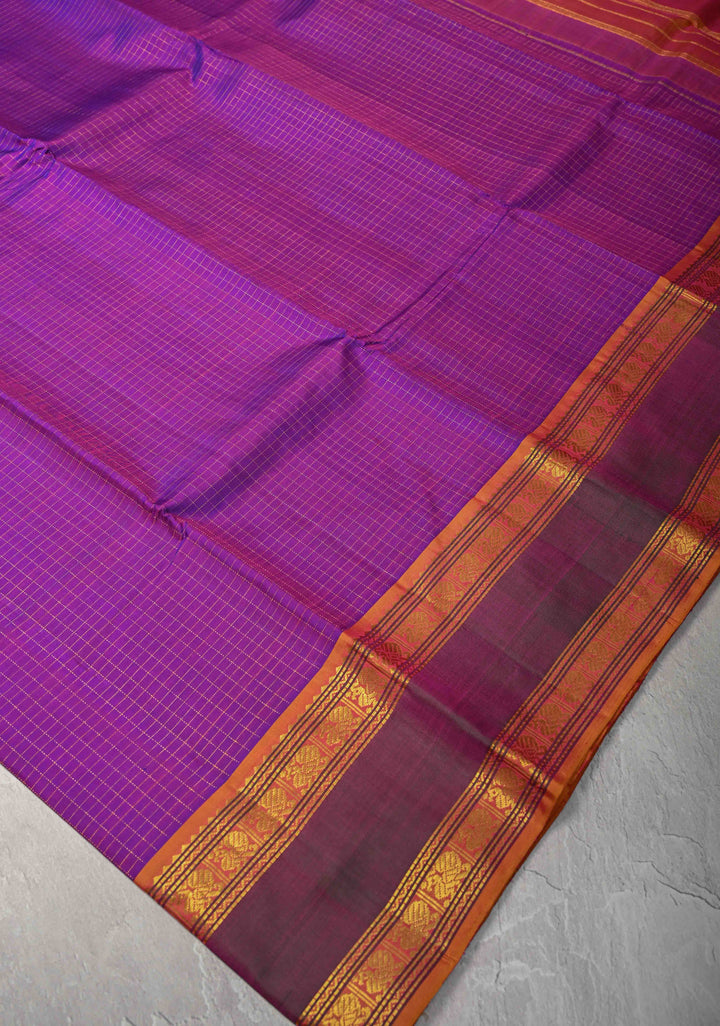 Zari Podi Kattam Purple Dual tone Kanjivaram Pure Silk Saree with  Zari Checks and Ganga Jamuna Rettaipet Border | SILK MARK CERTIFIED