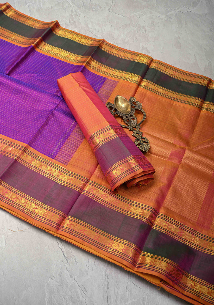 Zari Podi Kattam Purple Dual tone Kanjivaram Pure Silk Saree with  Zari Checks and Ganga Jamuna Rettaipet Border | SILK MARK CERTIFIED