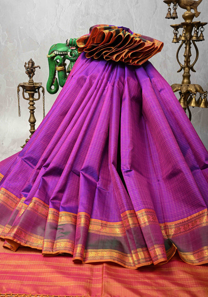 Zari Podi Kattam Purple Dual tone Kanjivaram Pure Silk Saree with  Zari Checks and Ganga Jamuna Rettaipet Border | SILK MARK CERTIFIED