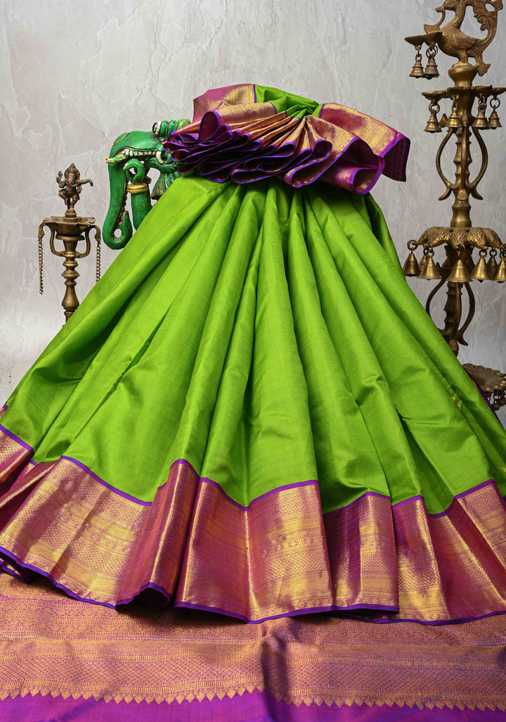 Parrot Green Kanjivaram Pure Silk Saree with Zari Buttis and Contrast Zari Border | SILK MARK CERTIFIED