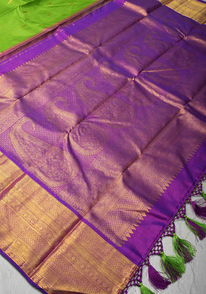 Parrot Green Kanjivaram Pure Silk Saree with Zari Buttis and Contrast Zari Border | SILK MARK CERTIFIED