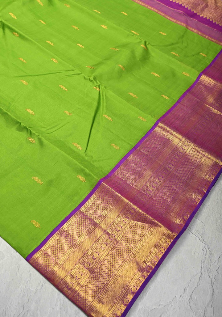 Parrot Green Kanjivaram Pure Silk Saree with Zari Buttis and Contrast Zari Border | SILK MARK CERTIFIED