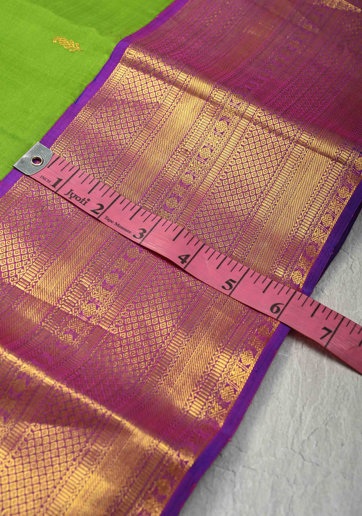 Parrot Green Kanjivaram Pure Silk Saree with Zari Buttis and Contrast Zari Border | SILK MARK CERTIFIED