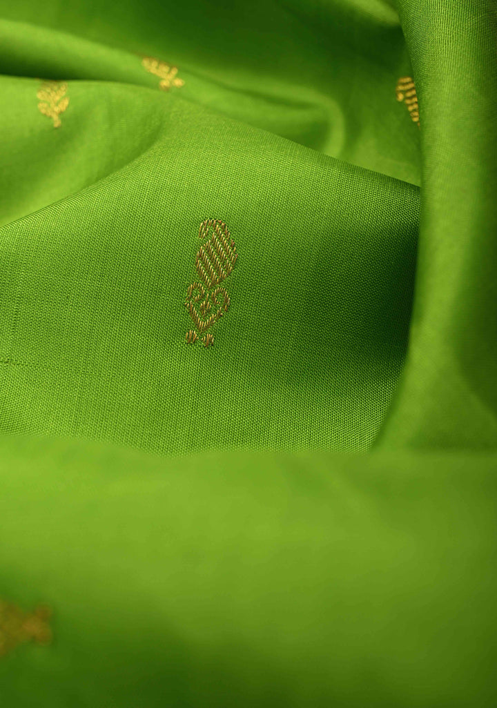 Parrot Green Kanjivaram Pure Silk Saree with Zari Buttis and Contrast Zari Border | SILK MARK CERTIFIED