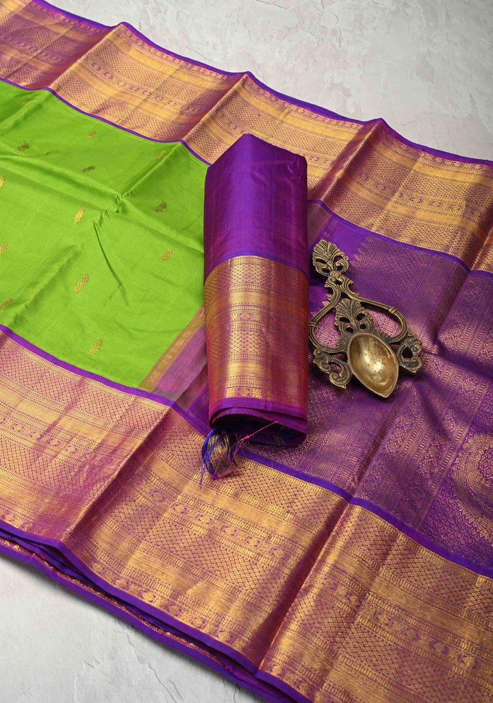 Parrot Green Kanjivaram Pure Silk Saree with Zari Buttis and Contrast Zari Border | SILK MARK CERTIFIED