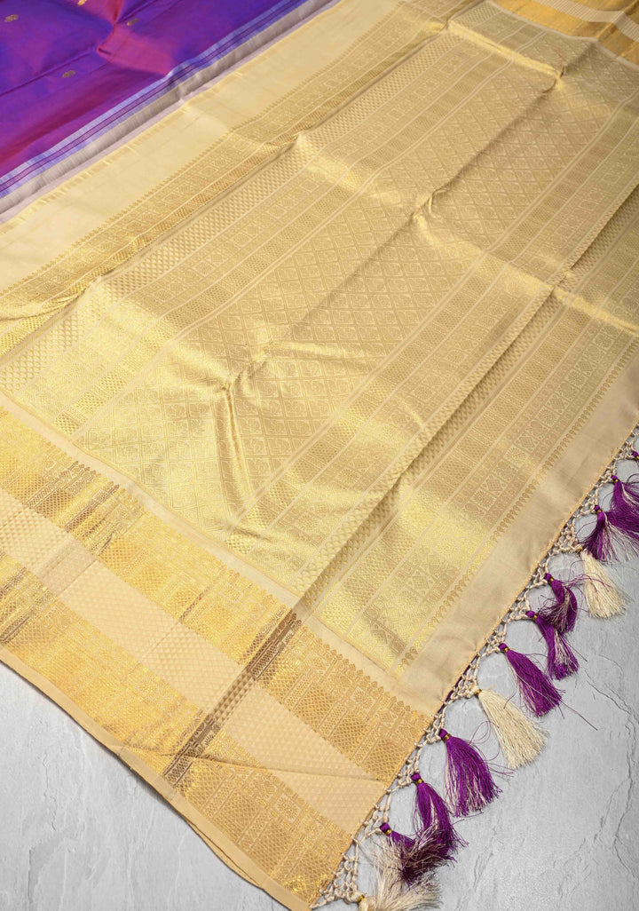 Korvai Purple Dual tone Kanjivaram Pure Silk Saree with Zari Buttis and Rettaipet Border | SILK MARK CERTIFIED