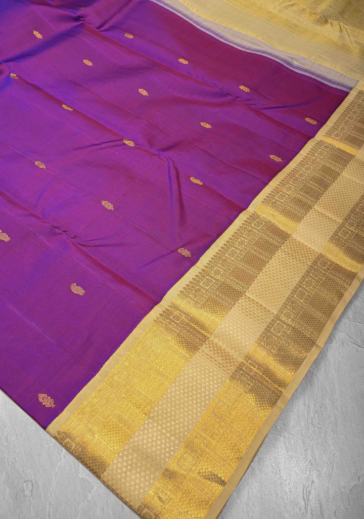 Korvai Purple Dual tone Kanjivaram Pure Silk Saree with Zari Buttis and Rettaipet Border | SILK MARK CERTIFIED