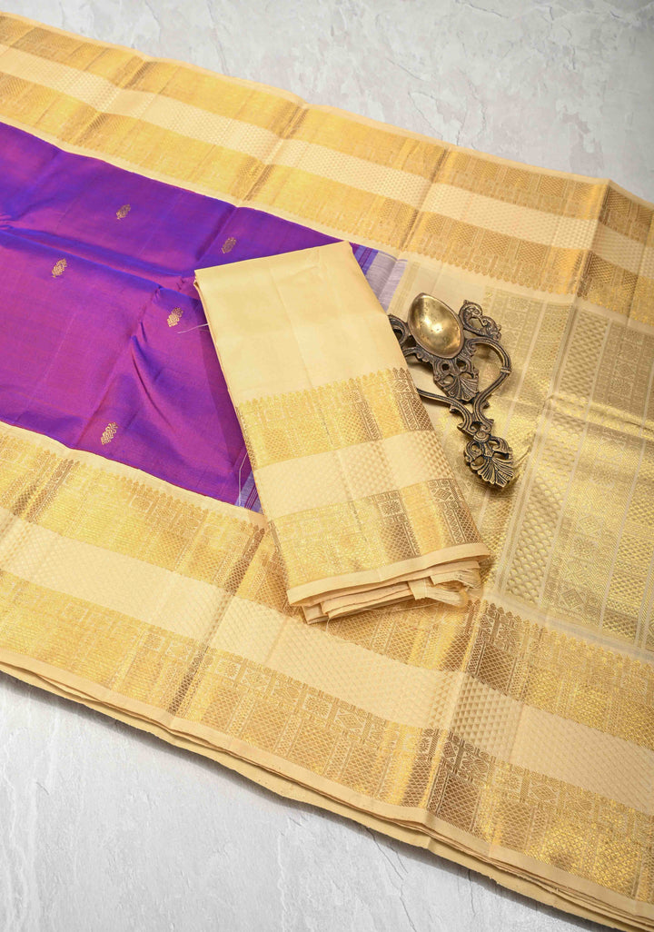 Korvai Purple Dual tone Kanjivaram Pure Silk Saree with Zari Buttis and Rettaipet Border | SILK MARK CERTIFIED