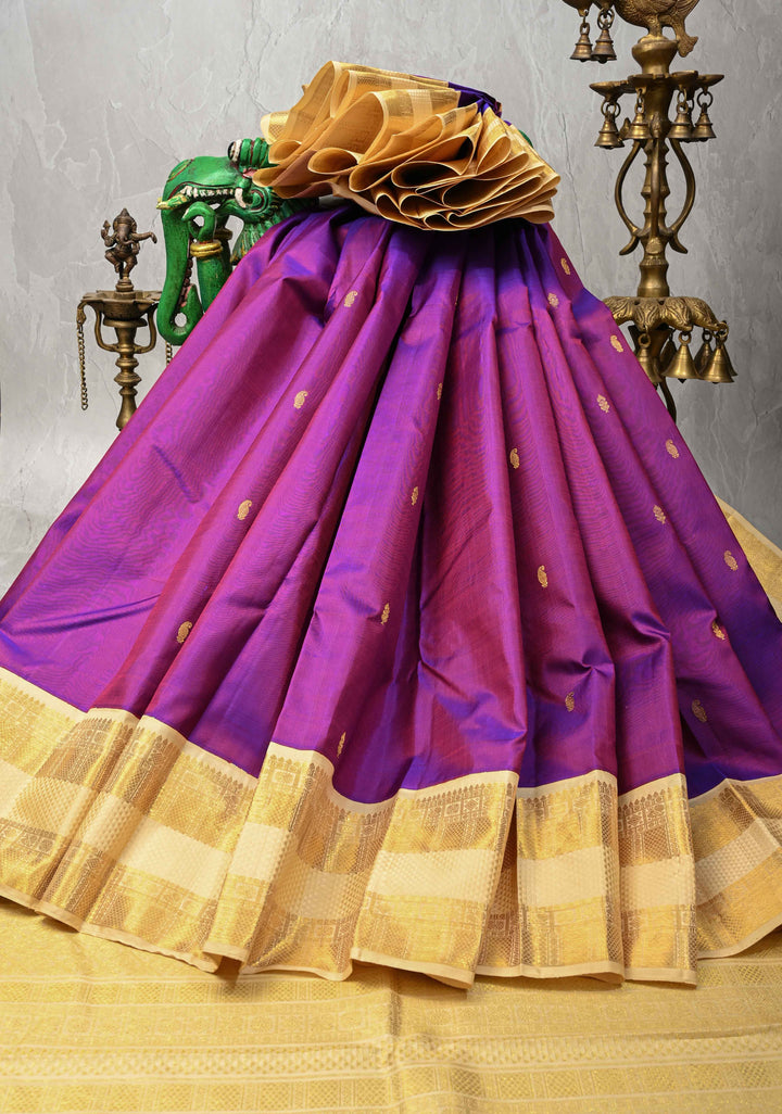 Korvai Purple Dual tone Kanjivaram Pure Silk Saree with Zari Buttis and Rettaipet Border | SILK MARK CERTIFIED