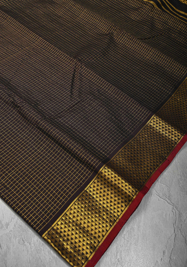 Biscuit Border Zari Kattam Black Kanjivaram Pure Silk Saree with Podi-Kattam Zari Checks and Biscuit Zari Border | SILK MARK CERTIFIED