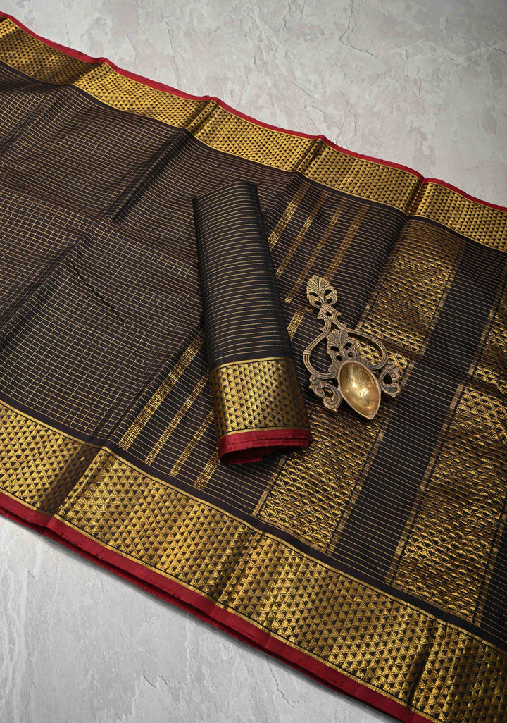 Biscuit Border Zari Kattam Black Kanjivaram Pure Silk Saree with Podi-Kattam Zari Checks and Biscuit Zari Border | SILK MARK CERTIFIED