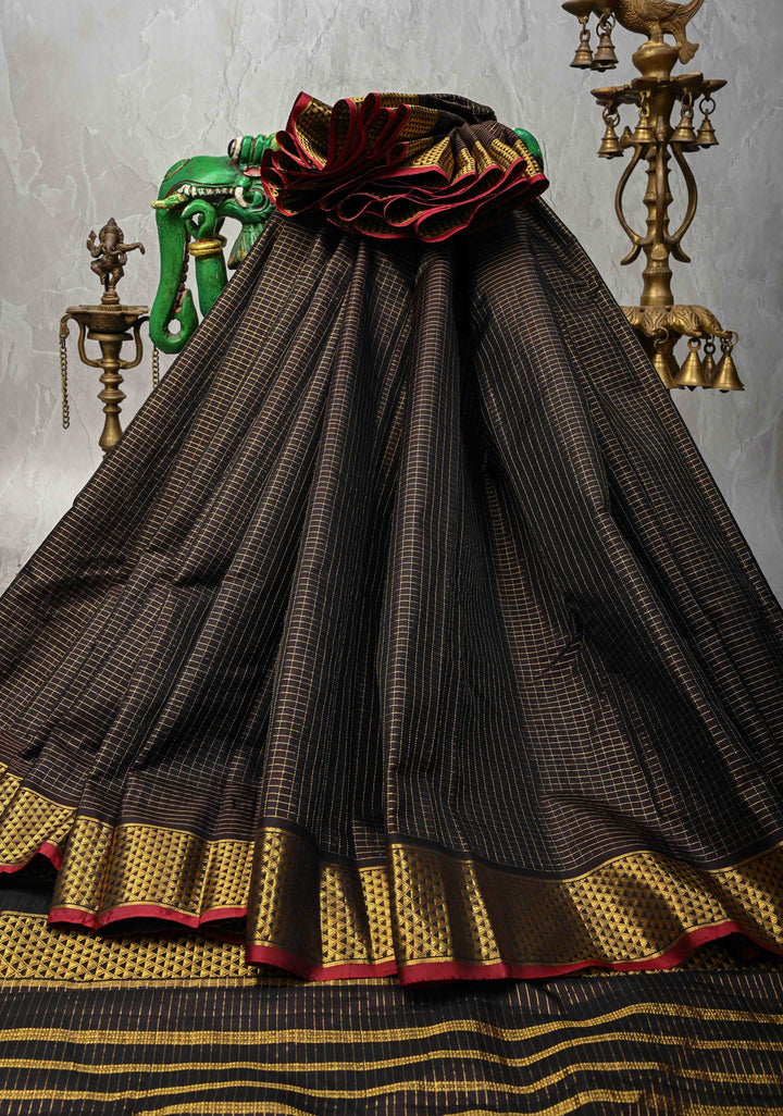 Biscuit Border Zari Kattam Black Kanjivaram Pure Silk Saree with Podi-Kattam Zari Checks and Biscuit Zari Border | SILK MARK CERTIFIED