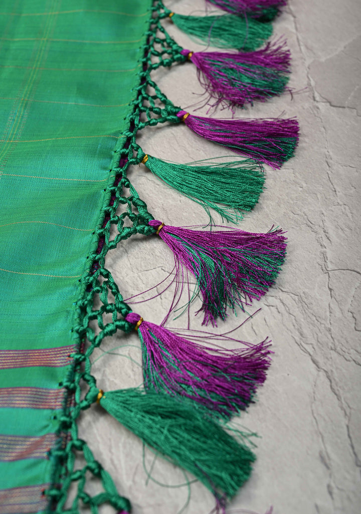 Jamuni Purple Dual tone Kanjivaram Pure Silk Saree with Checks and Contrast Temple Border | SILK MARK CERTIFIED