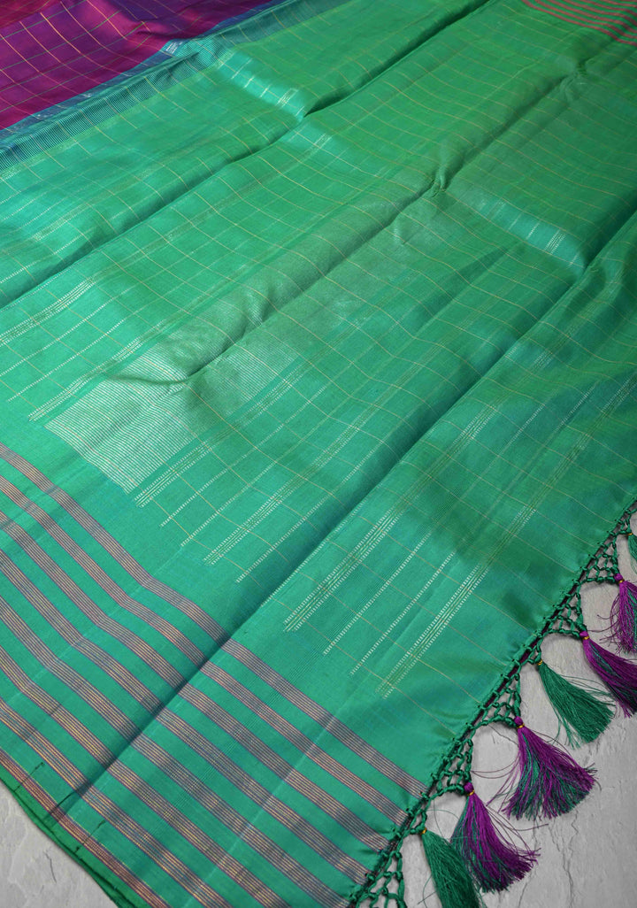 Jamuni Purple Dual tone Kanjivaram Pure Silk Saree with Checks and Contrast Temple Border | SILK MARK CERTIFIED