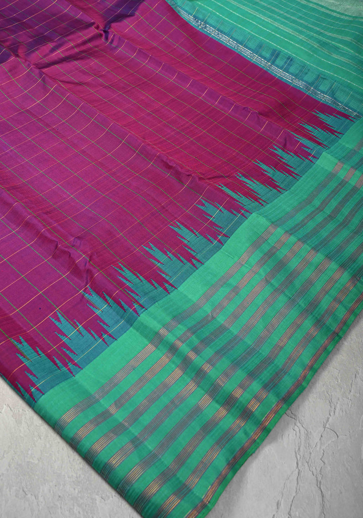 Jamuni Purple Dual tone Kanjivaram Pure Silk Saree with Checks and Contrast Temple Border | SILK MARK CERTIFIED