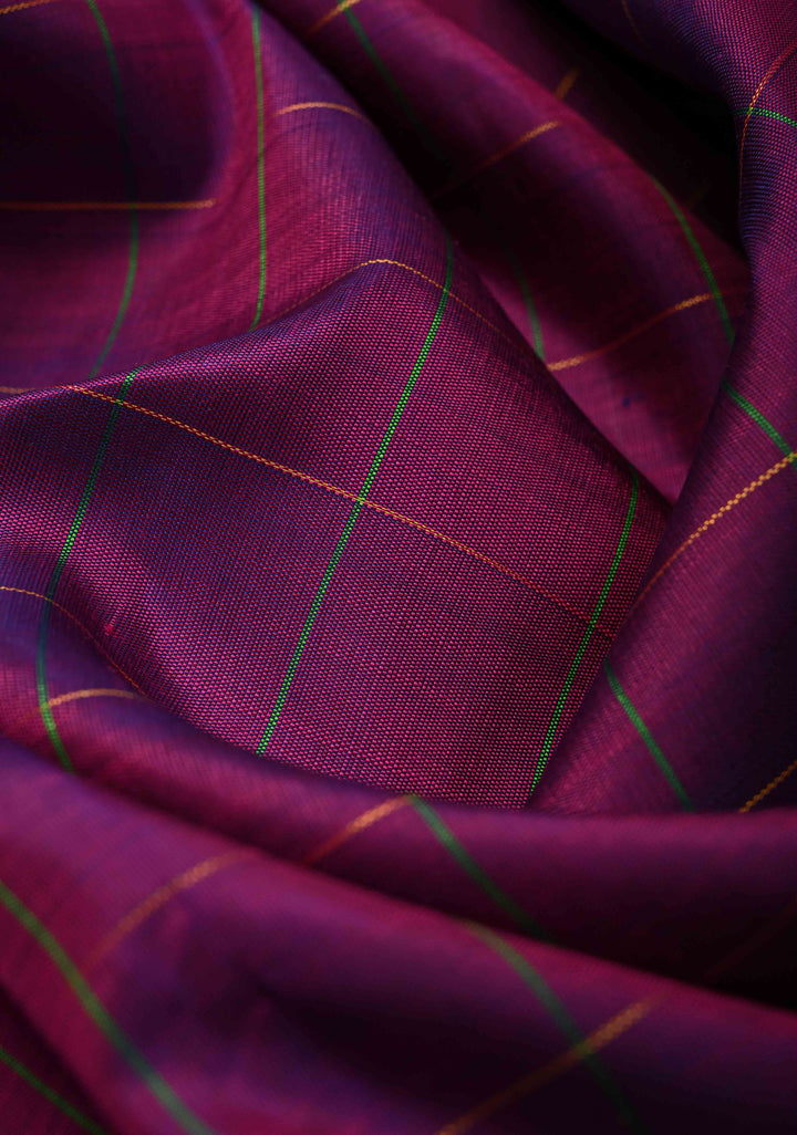 Jamuni Purple Dual tone Kanjivaram Pure Silk Saree with Checks and Contrast Temple Border | SILK MARK CERTIFIED