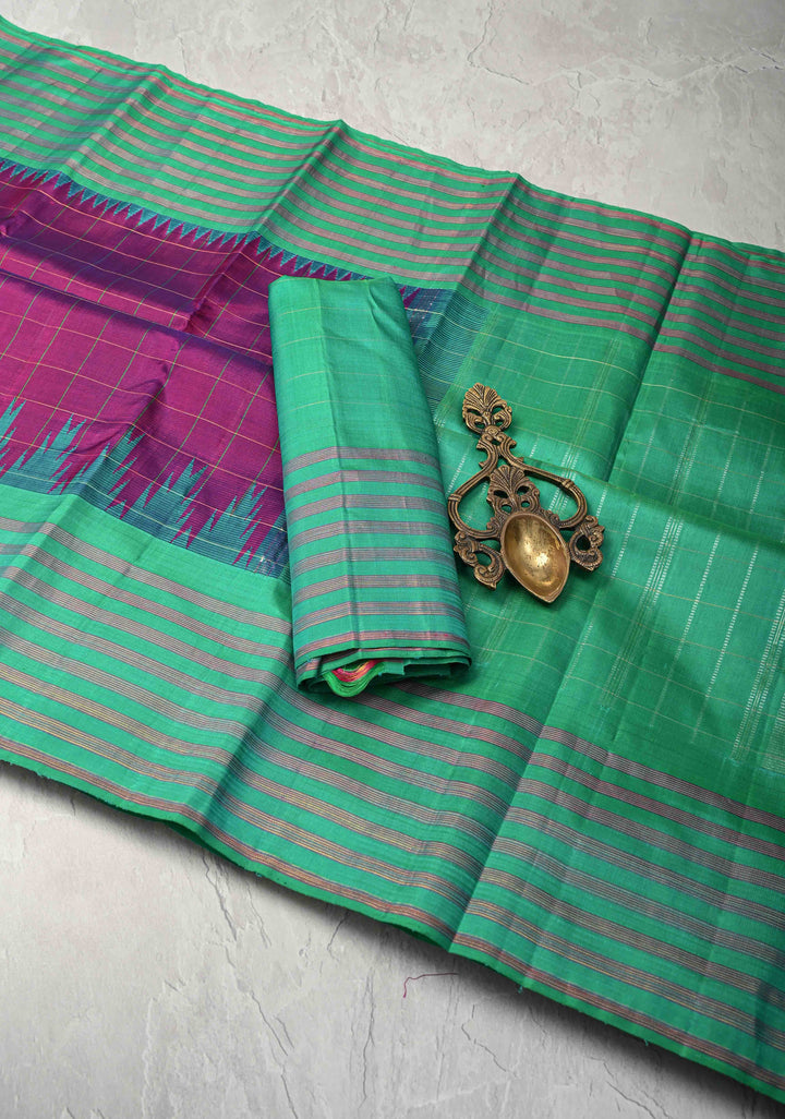 Jamuni Purple Dual tone Kanjivaram Pure Silk Saree with Checks and Contrast Temple Border | SILK MARK CERTIFIED