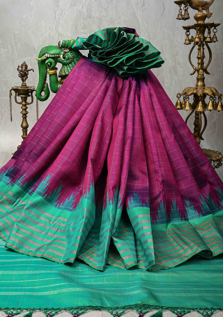 Jamuni Purple Dual tone Kanjivaram Pure Silk Saree with Checks and Contrast Temple Border | SILK MARK CERTIFIED