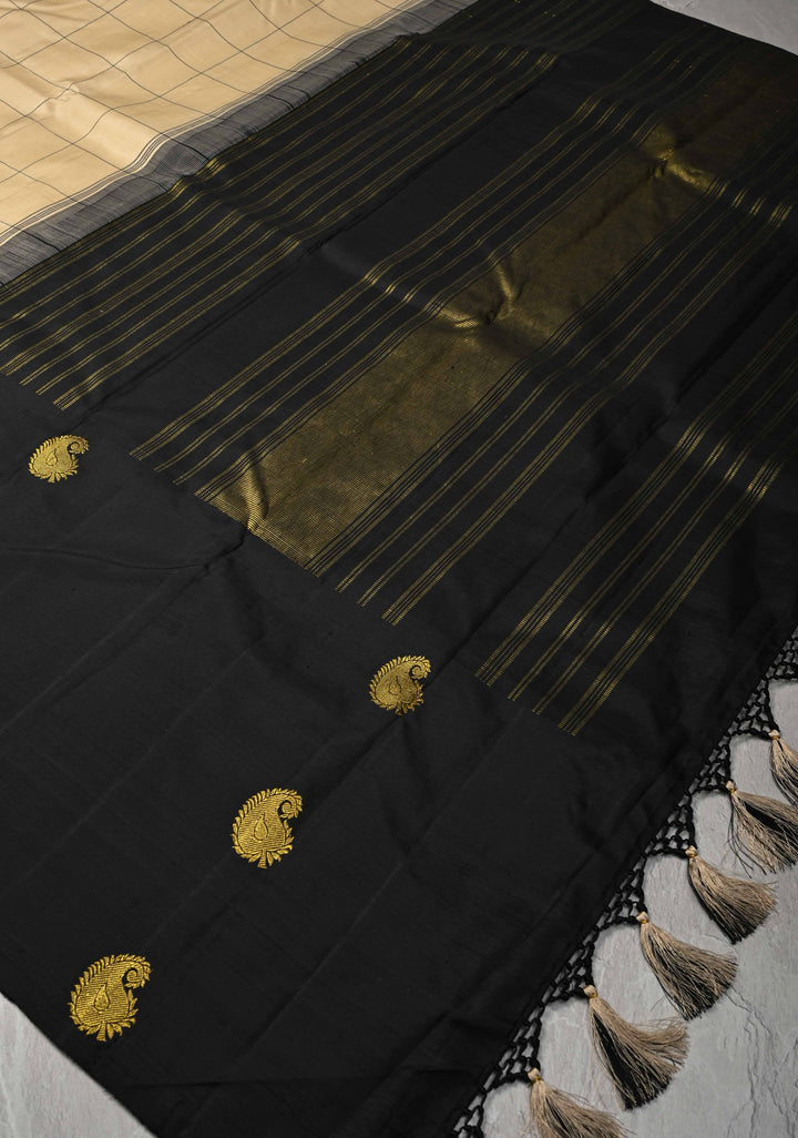 Beige Kanjivaram Pure Silk Saree with Silk Checks and Zari Buttas on Black Wide Border | SILK MARK CERTIFIED