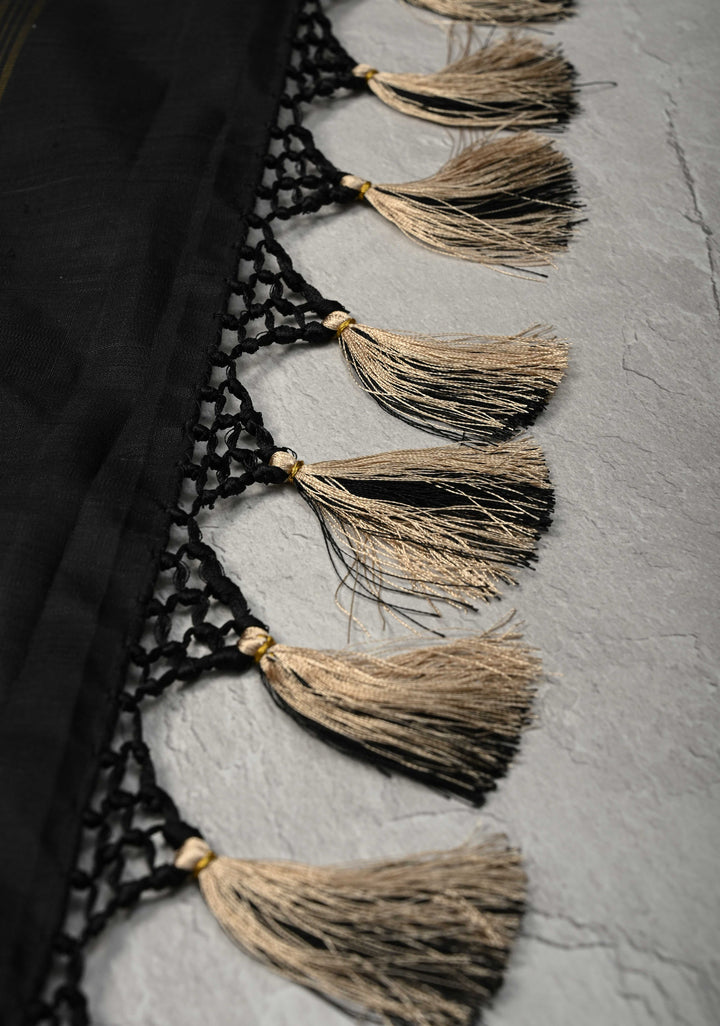 Beige Kanjivaram Pure Silk Saree with Silk Checks and Zari Buttas on Black Wide Border | SILK MARK CERTIFIED