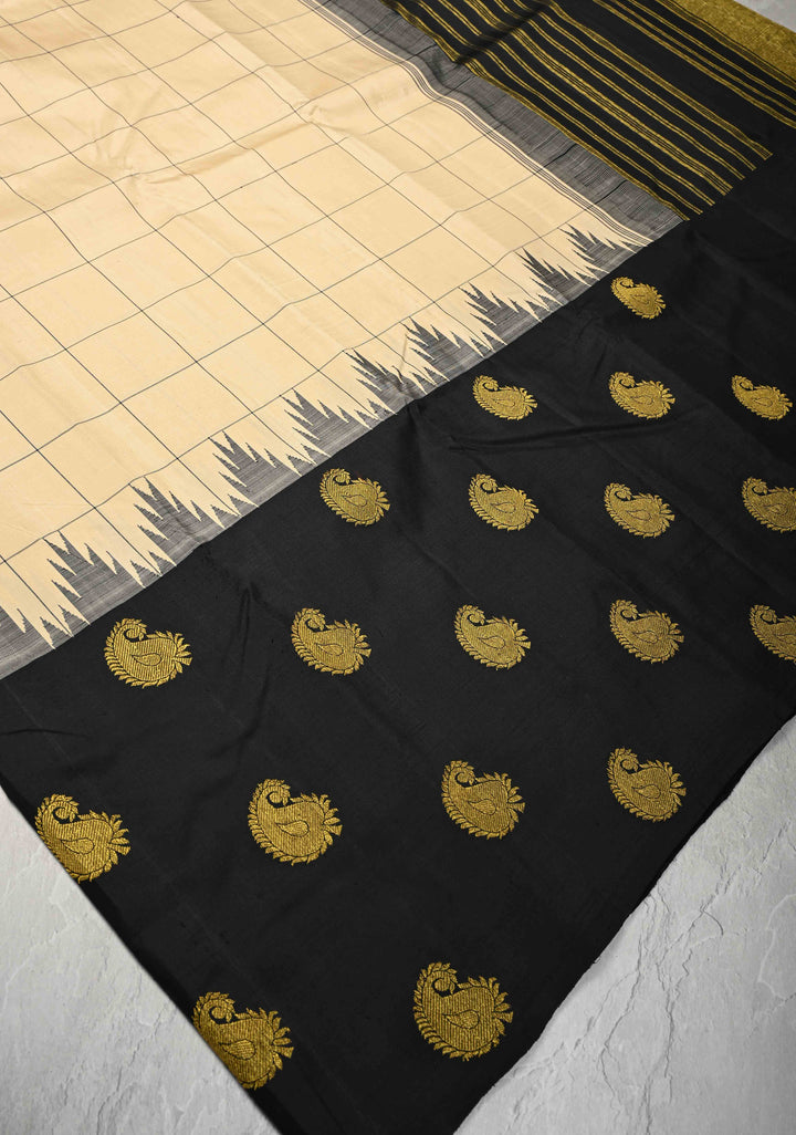 Beige Kanjivaram Pure Silk Saree with Silk Checks and Zari Buttas on Black Wide Border | SILK MARK CERTIFIED