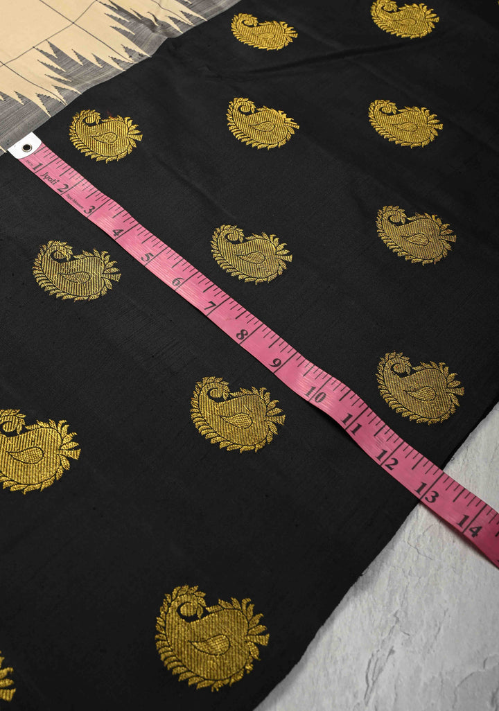 Beige Kanjivaram Pure Silk Saree with Silk Checks and Zari Buttas on Black Wide Border | SILK MARK CERTIFIED