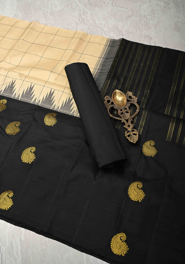 Beige Kanjivaram Pure Silk Saree with Silk Checks and Zari Buttas on Black Wide Border | SILK MARK CERTIFIED