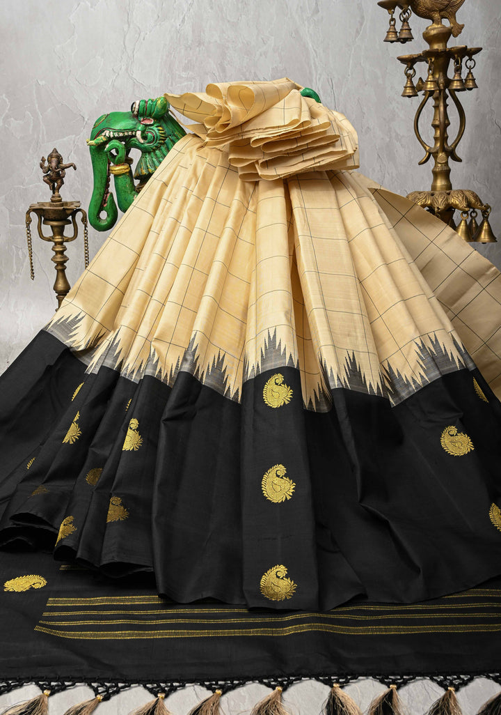 Beige Kanjivaram Pure Silk Saree with Silk Checks and Zari Buttas on Black Wide Border | SILK MARK CERTIFIED