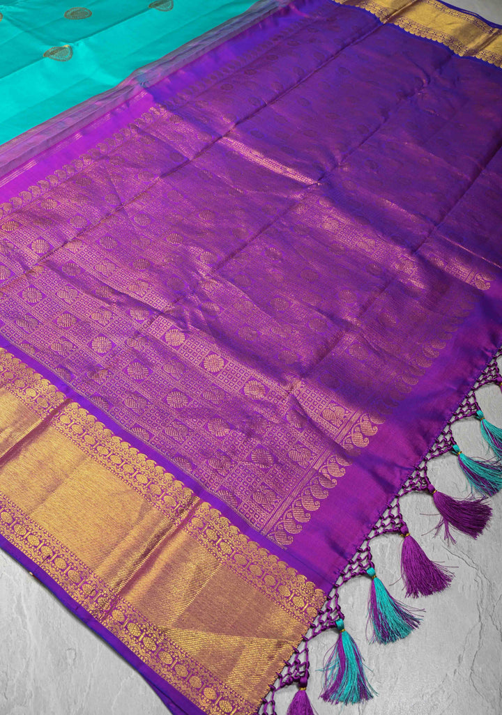 Aquamarine  Kanjivaram Pure Silk Saree with Peacock Buttas and Zari Border | SILK MARK CERTIFIED
