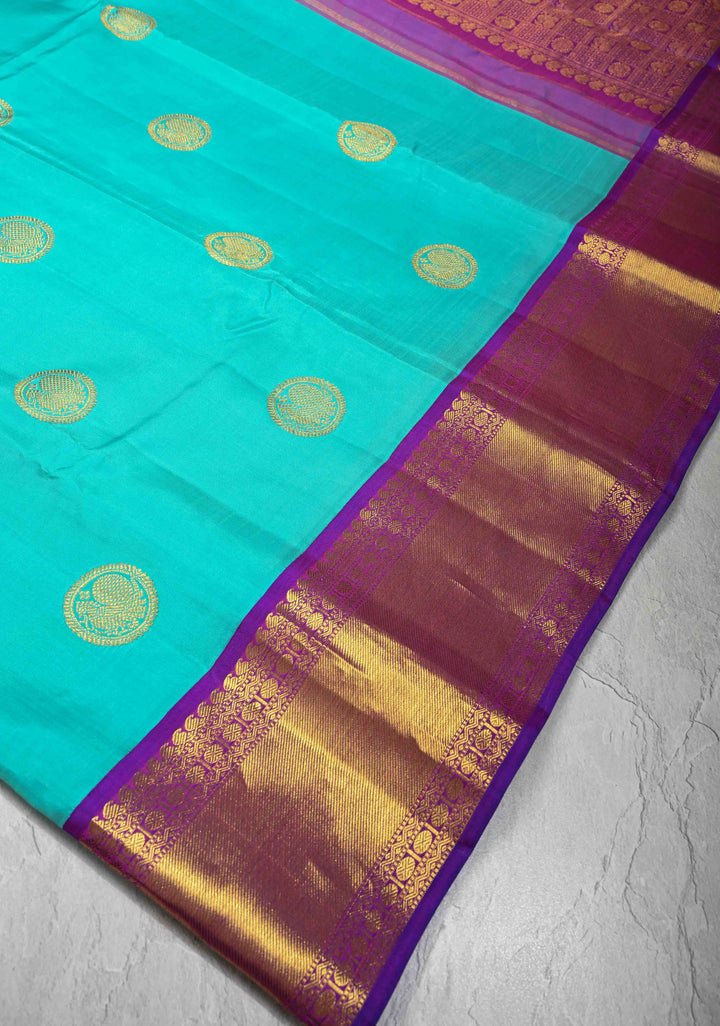 Aquamarine  Kanjivaram Pure Silk Saree with Peacock Buttas and Zari Border | SILK MARK CERTIFIED