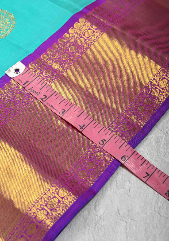 Aquamarine  Kanjivaram Pure Silk Saree with Peacock Buttas and Zari Border | SILK MARK CERTIFIED