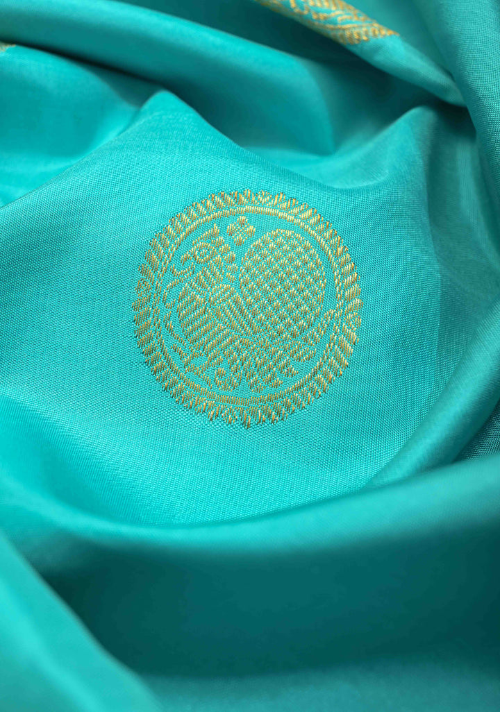 Aquamarine  Kanjivaram Pure Silk Saree with Peacock Buttas and Zari Border | SILK MARK CERTIFIED