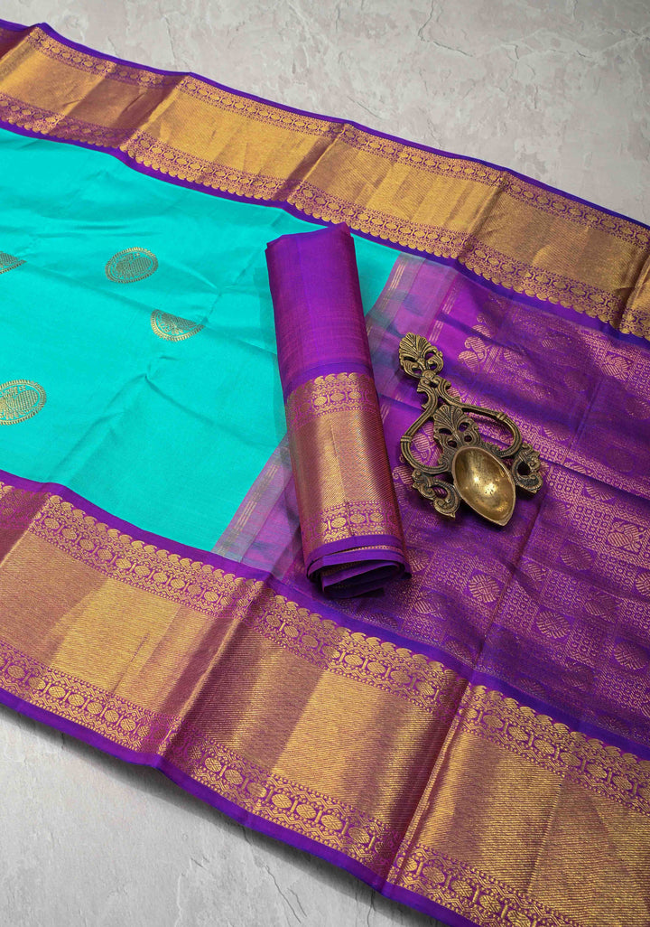 Aquamarine  Kanjivaram Pure Silk Saree with Peacock Buttas and Zari Border | SILK MARK CERTIFIED