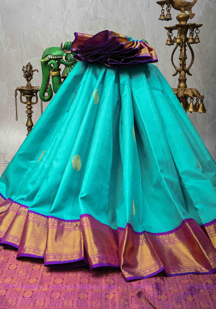 Aquamarine  Kanjivaram Pure Silk Saree with Peacock Buttas and Zari Border | SILK MARK CERTIFIED