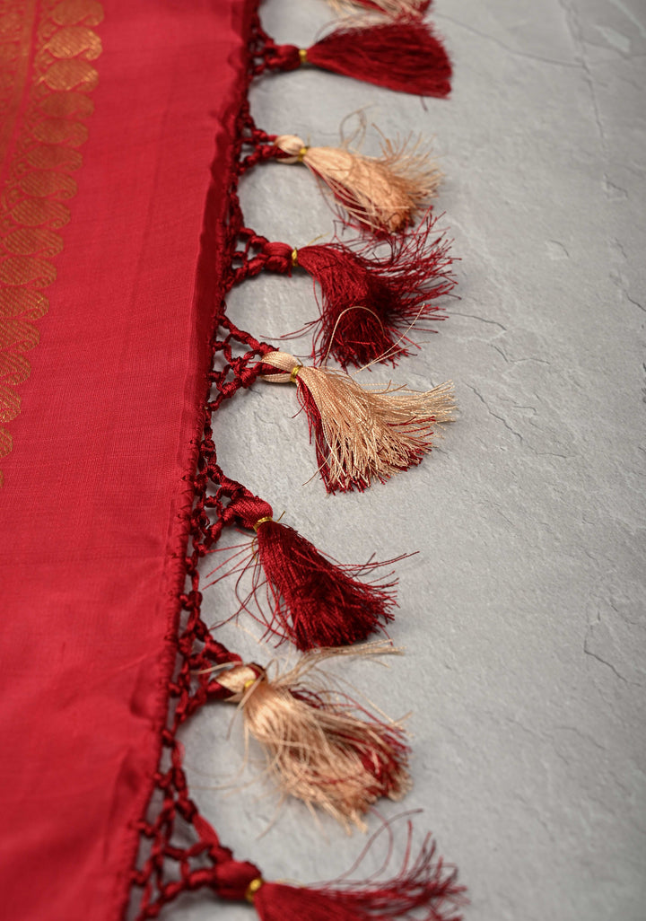 Beige Kanjivaram Pure Silk Saree with Meenakari Resham Buttis and Contrast Zari Border | SILK MARK CERTIFIED