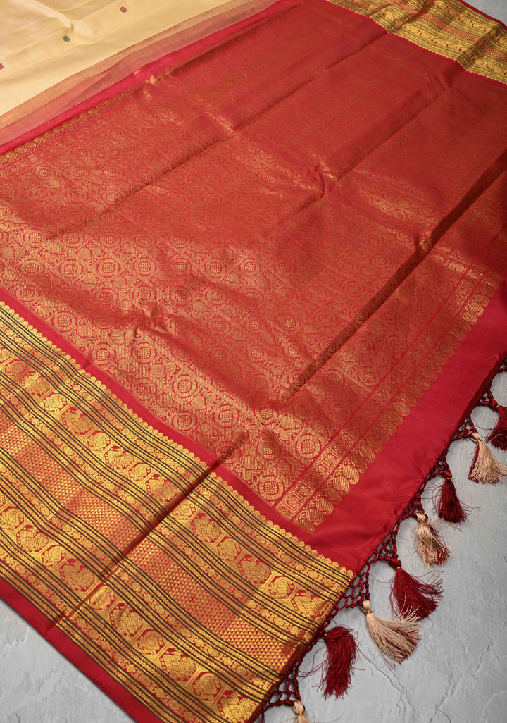 Beige Kanjivaram Pure Silk Saree with Meenakari Resham Buttis and Contrast Zari Border | SILK MARK CERTIFIED