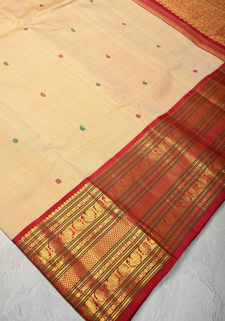 Beige Kanjivaram Pure Silk Saree with Meenakari Resham Buttis and Contrast Zari Border | SILK MARK CERTIFIED