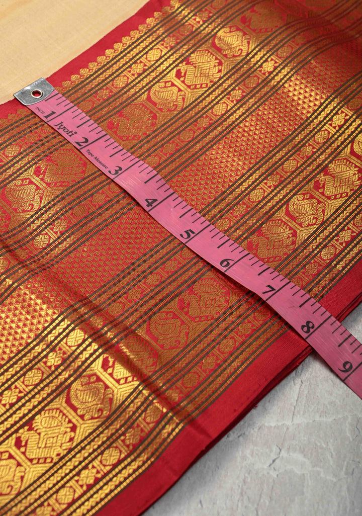 Beige Kanjivaram Pure Silk Saree with Meenakari Resham Buttis and Contrast Zari Border | SILK MARK CERTIFIED