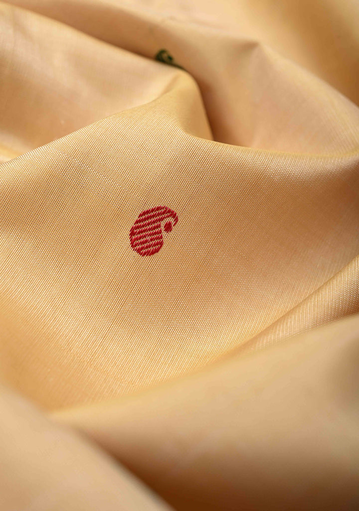 Beige Kanjivaram Pure Silk Saree with Meenakari Resham Buttis and Contrast Zari Border | SILK MARK CERTIFIED