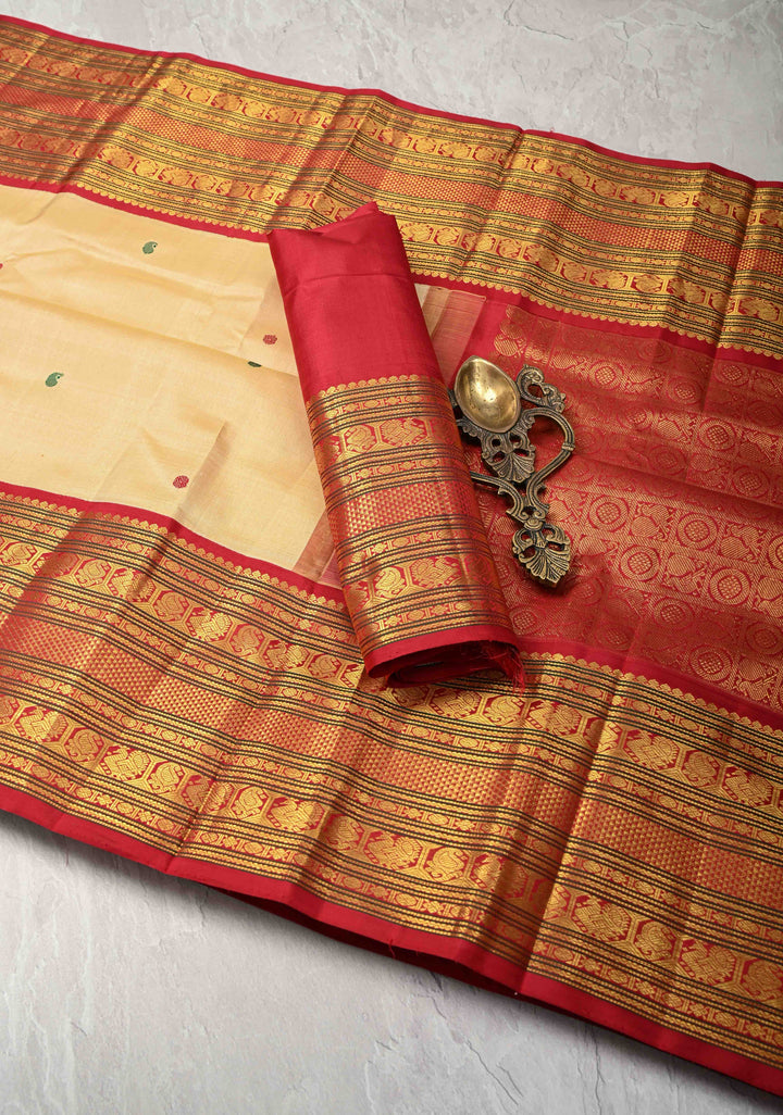 Beige Kanjivaram Pure Silk Saree with Meenakari Resham Buttis and Contrast Zari Border | SILK MARK CERTIFIED