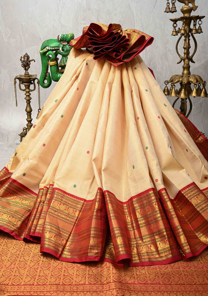 Beige Kanjivaram Pure Silk Saree with Meenakari Resham Buttis and Contrast Zari Border | SILK MARK CERTIFIED