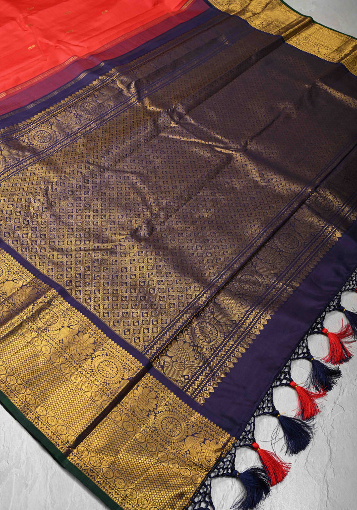 Scarlet Red Kanjivaram Pure Silk Saree with Zari Buttas and Contrast Zari Border | SILK MARK CERTIFIED