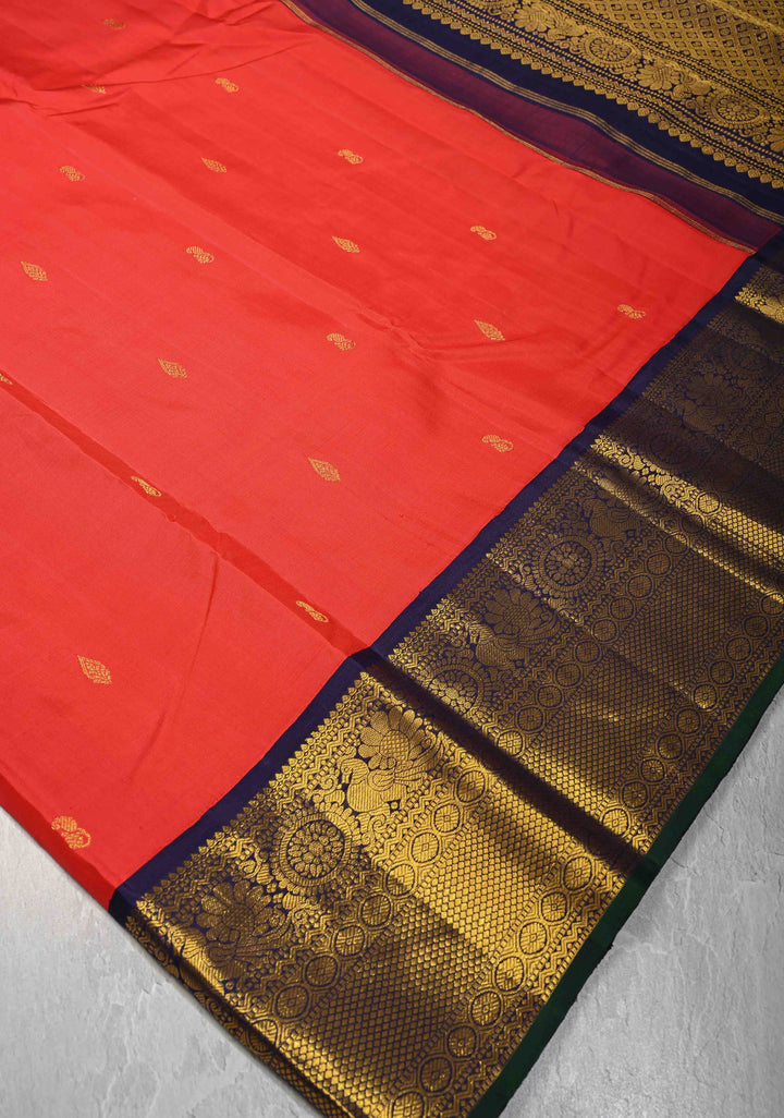 Scarlet Red Kanjivaram Pure Silk Saree with Zari Buttas and Contrast Zari Border | SILK MARK CERTIFIED