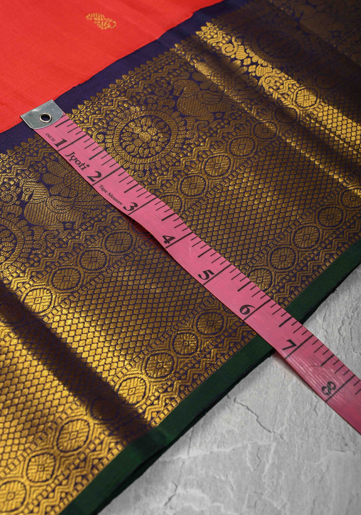 Scarlet Red Kanjivaram Pure Silk Saree with Zari Buttas and Contrast Zari Border | SILK MARK CERTIFIED