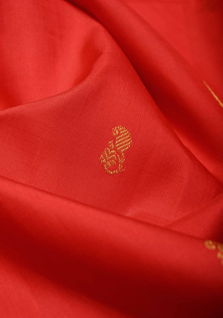 Scarlet Red Kanjivaram Pure Silk Saree with Zari Buttas and Contrast Zari Border | SILK MARK CERTIFIED