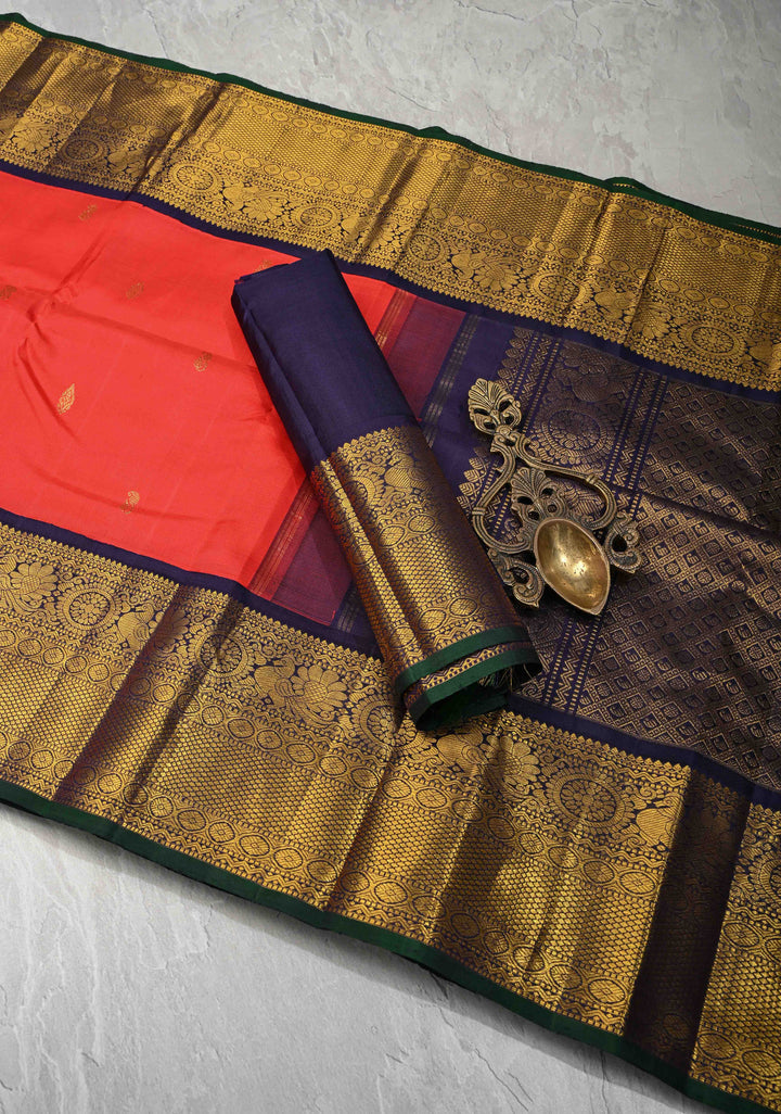 Scarlet Red Kanjivaram Pure Silk Saree with Zari Buttas and Contrast Zari Border | SILK MARK CERTIFIED