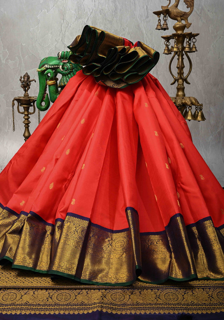 Scarlet Red Kanjivaram Pure Silk Saree with Zari Buttas and Contrast Zari Border | SILK MARK CERTIFIED